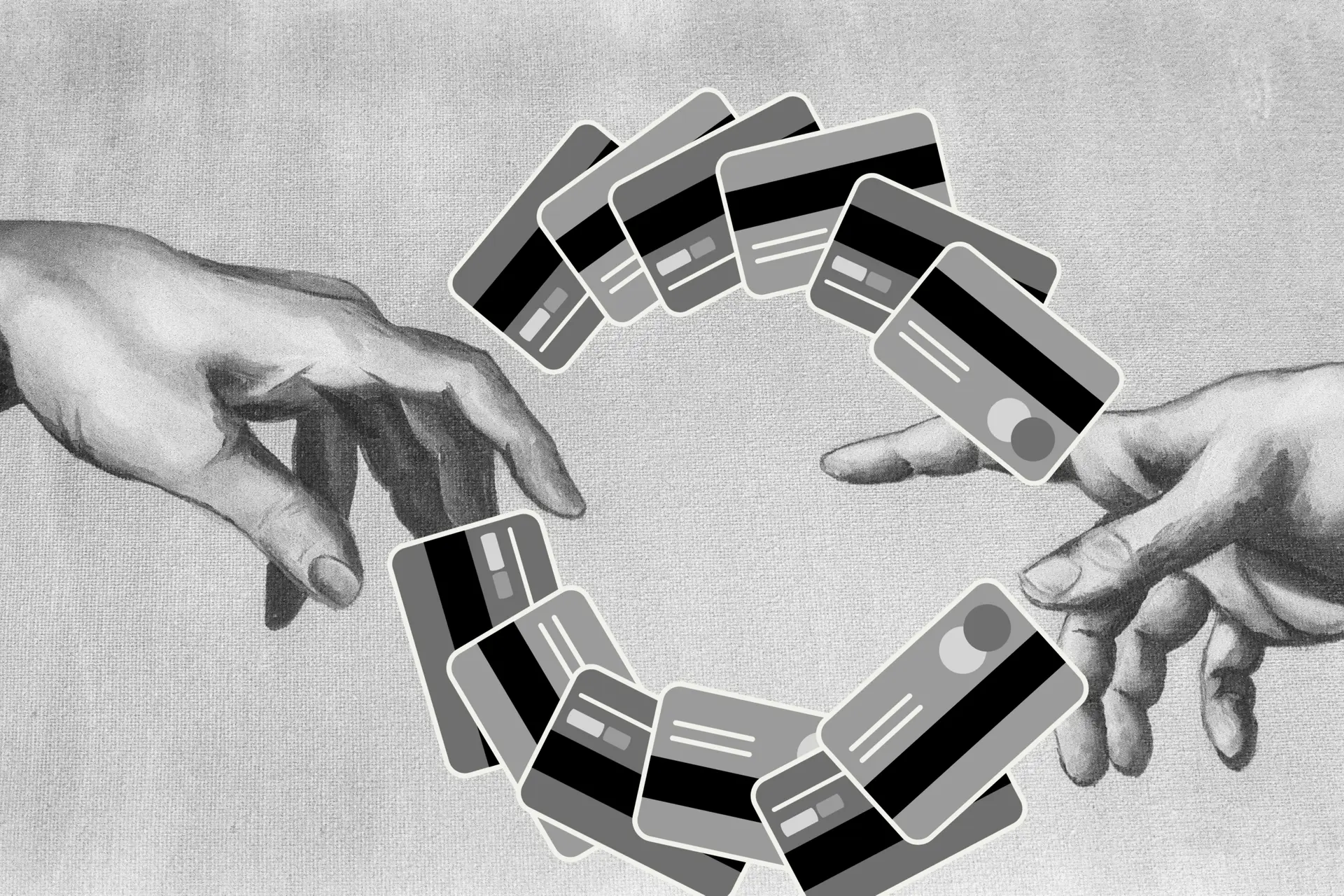 A grayscale painting of the iconic hands from Michelangelo's Creation of Adam on canvas has a series of mock-credit cards cycling between them.